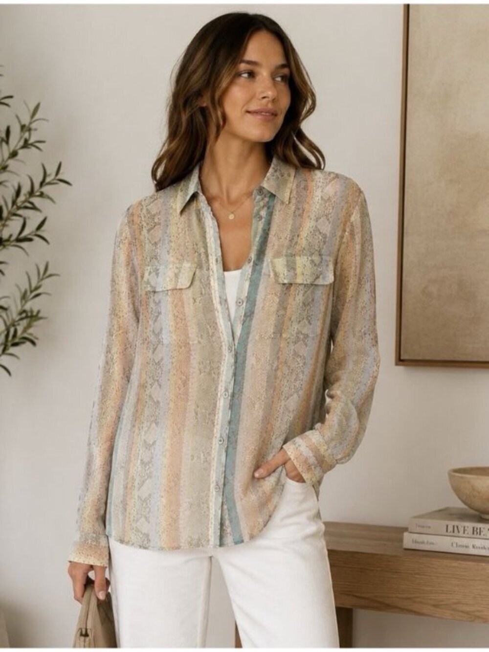 Equipment Femme Pastel Rainbow Snake 100% Silk Button Shirt XS Sheer Long Sleeve
